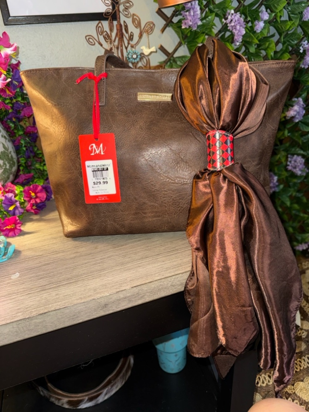 Montana West Brown Faux Leather Shoulder Bag with Decorative Scarf Accent
